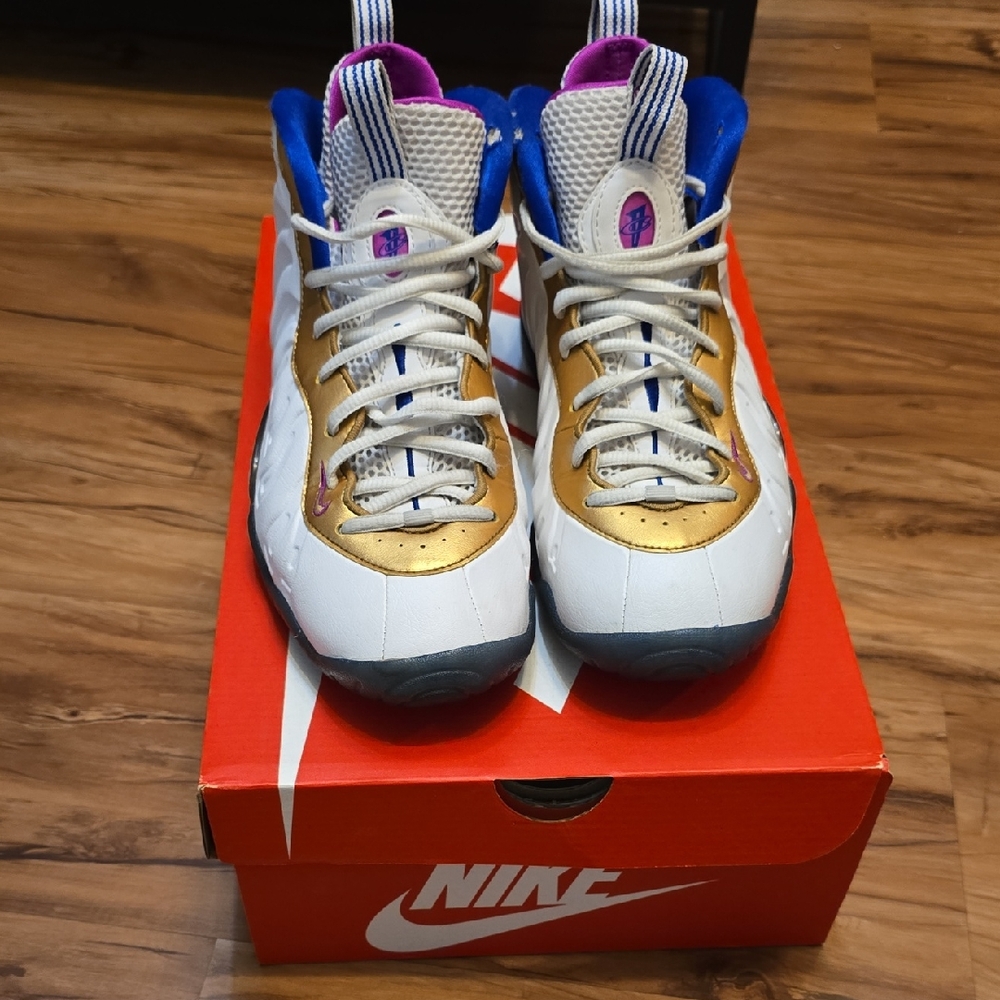 Nike Kids Foamposites Sneakers - White, Gold, and Blue